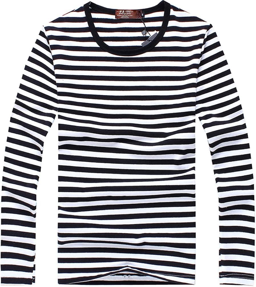 Men's Striped Long-sleeved T-shirt Scoop Neck T Shirt (XL, black)
