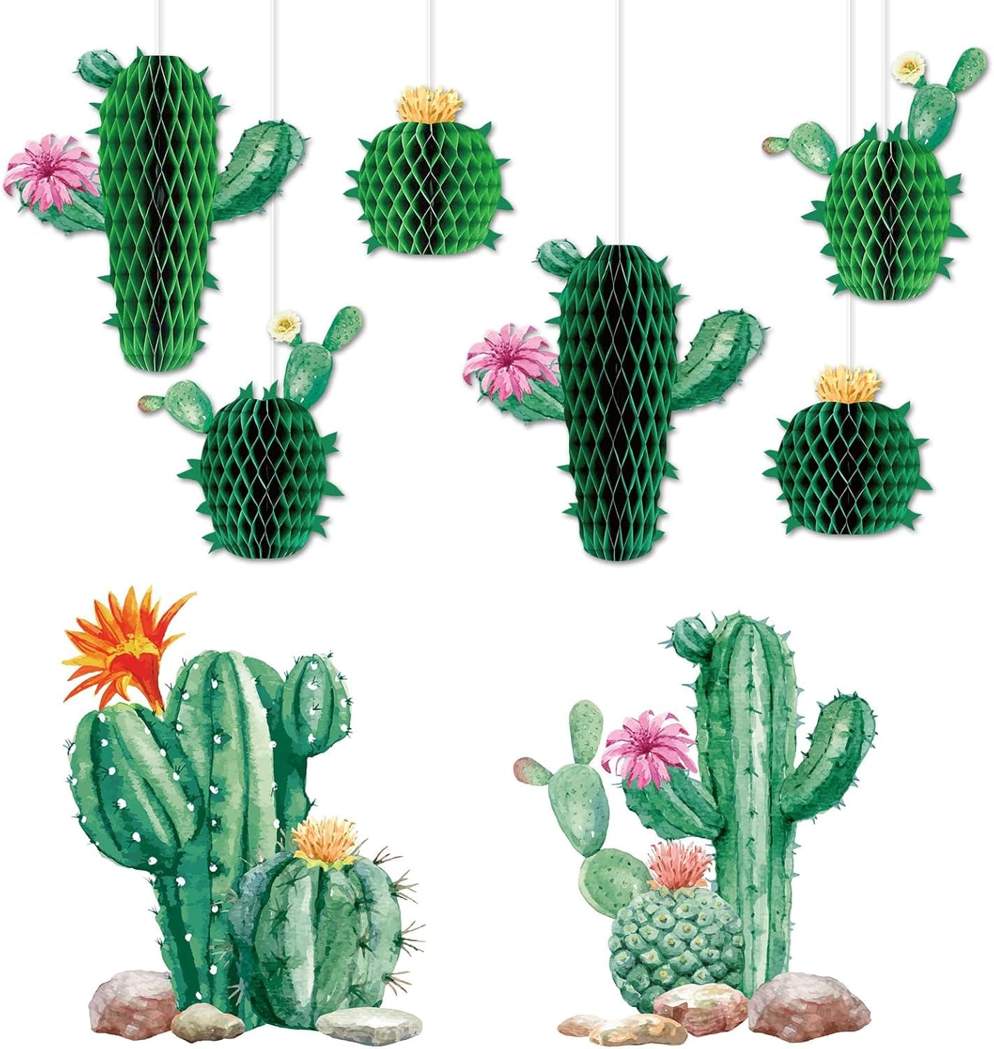 Green Fiesta Party Supplies Pack of 8 Hanging Honeycomb Centerpieces Fiesta Cactus Decorations with Wall Stickers for Birthday Party Mexican Decor