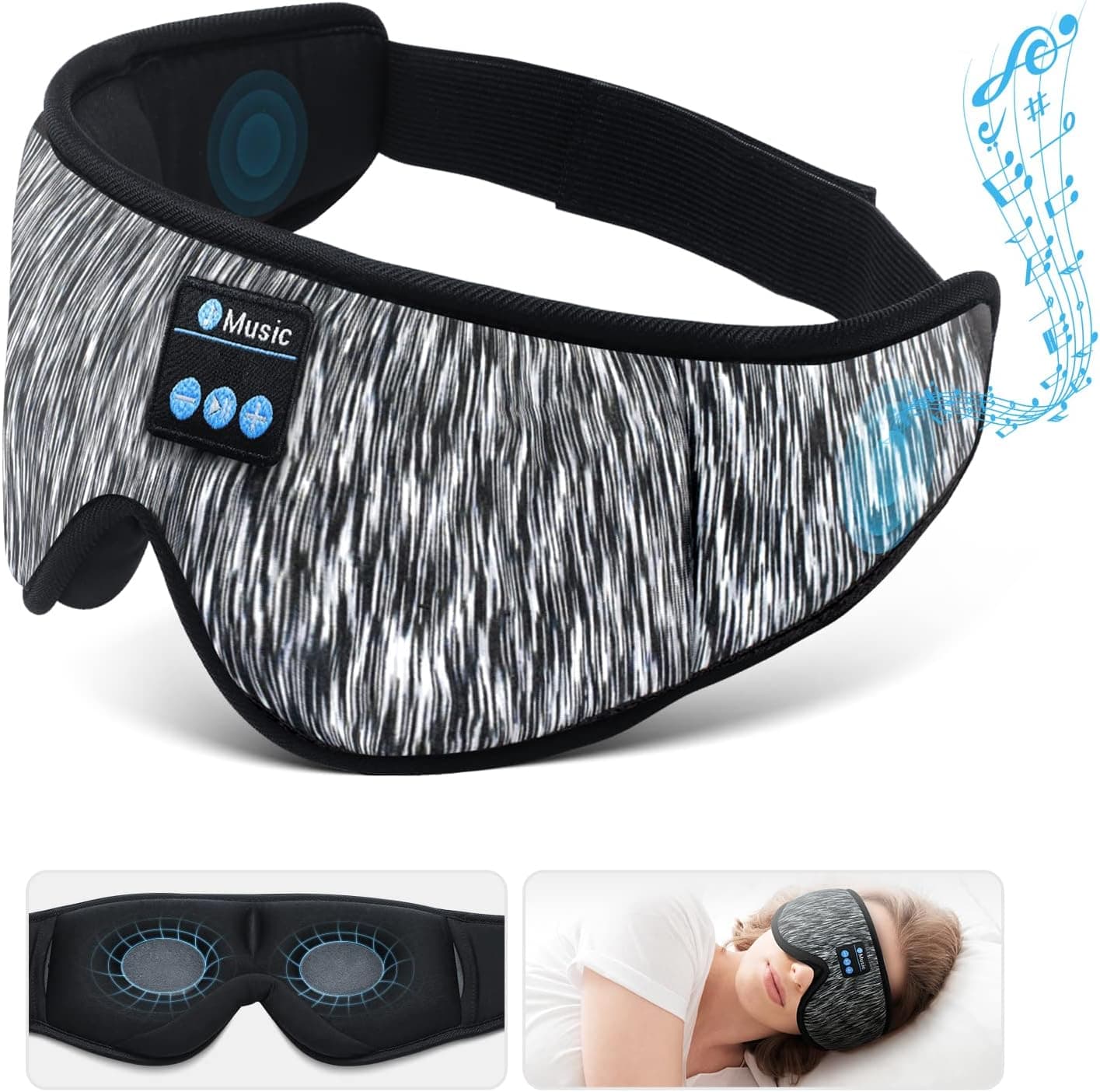 Bluetooth 3D Eye Mask for Sleeping, Sleep Mask with Headphones Speakers and Microphone, Wireless Music Sleeping Eye Mask Washable Earbuds for Side Sleeper, Air Travel, Office Nap, Meditation (Grey)