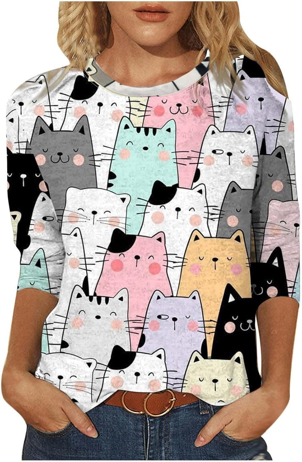 JOAU Women's Animal Print Tops Spring Summer 3/4 Sleeves Cute Cat Dog Pattern T-Shirt Blouses Novelty Sweatshirt