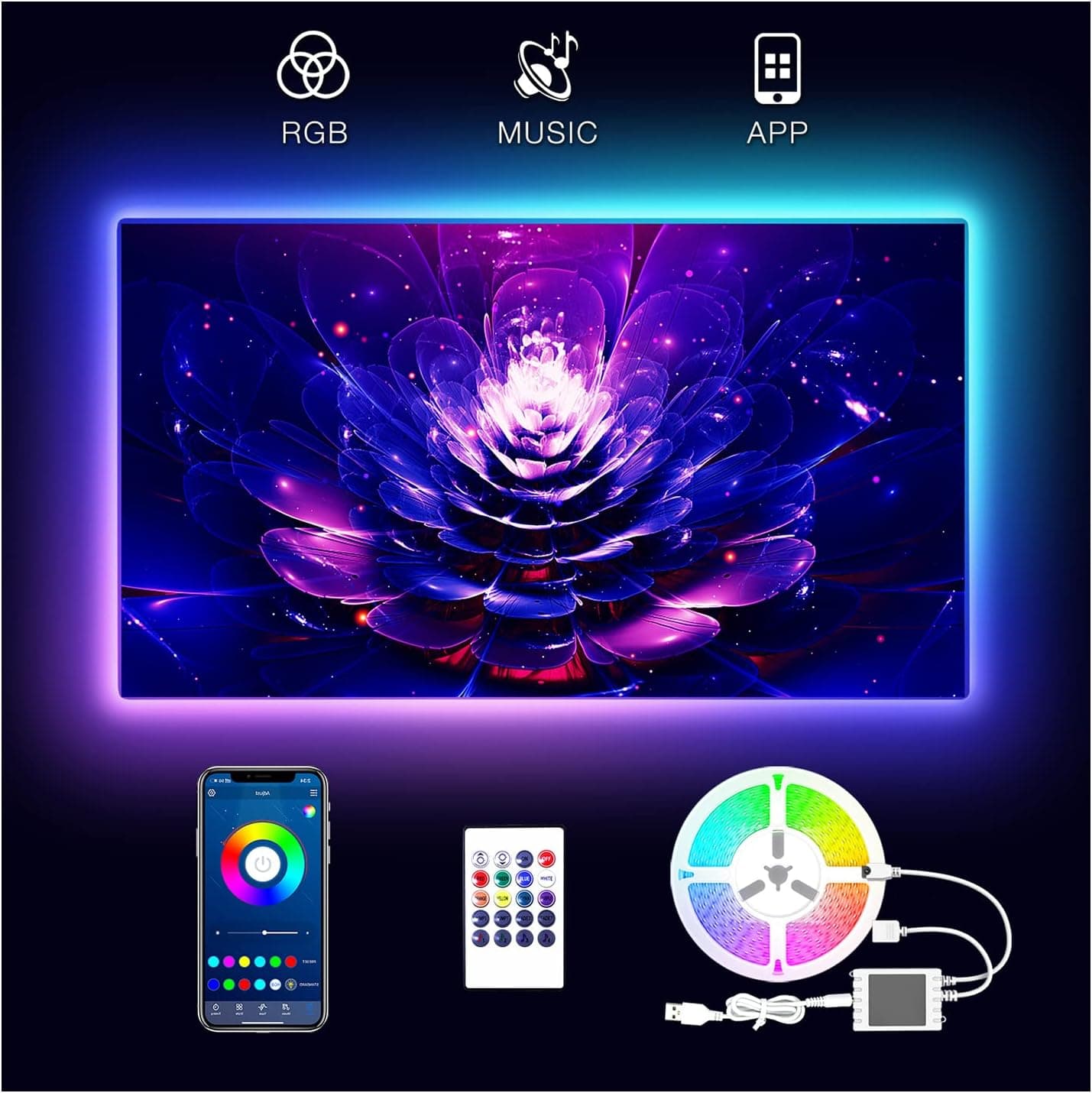 DAYBETTER LED Lights for TV 65 Inch,TV Led Backlight,15ft Led TV Lights,USB Led Strip Lights for TV 65-75 inch with Remote,Room Led Lights for Bedroom Bluetooth,HDTV Mood Lighting,Gaming Room Decor