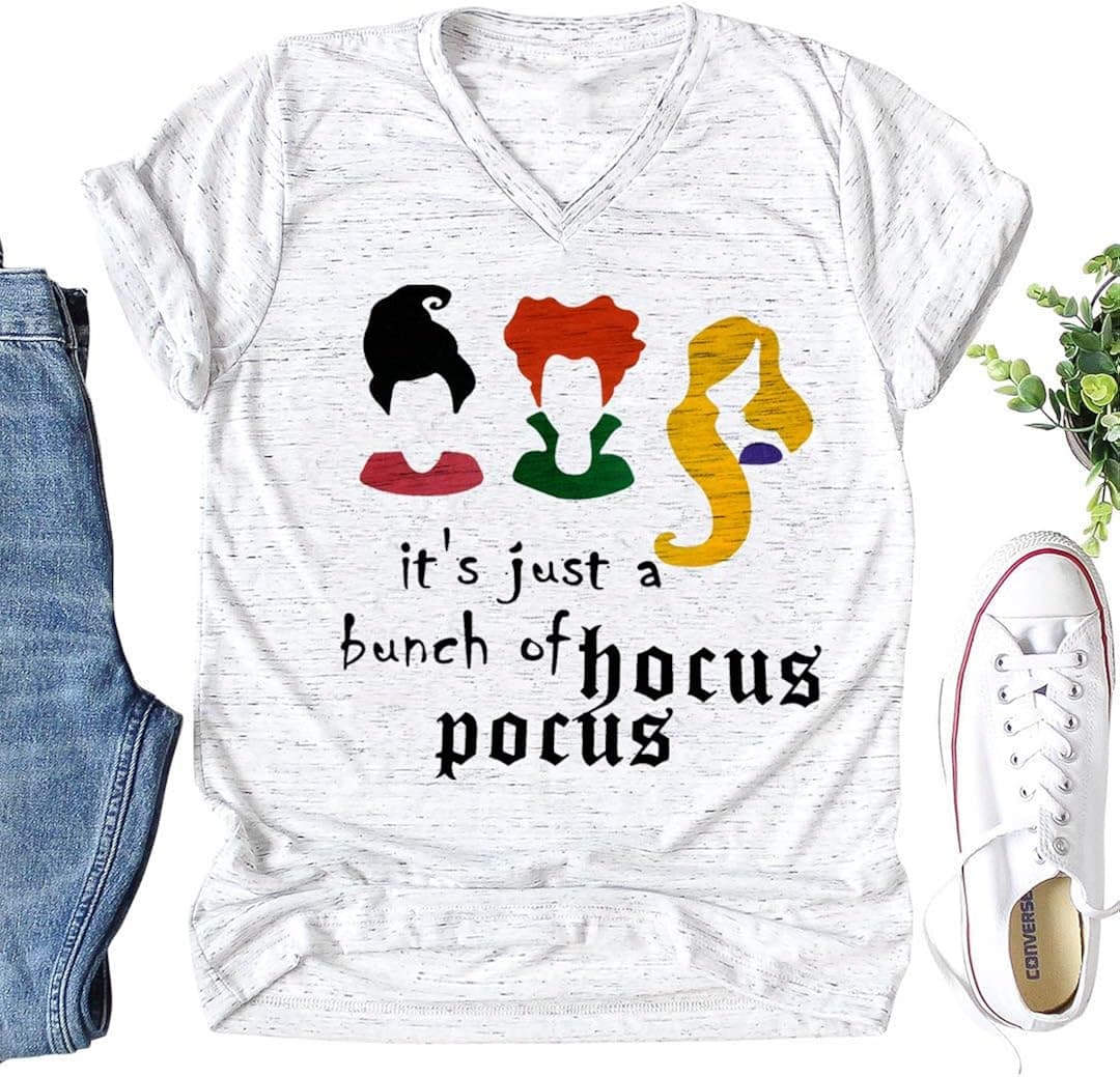 licson It's Just a Bunch of Hocus Pocus Shirt Halloween Short Sleeve T-Shirt Top Tees (Medium,White)