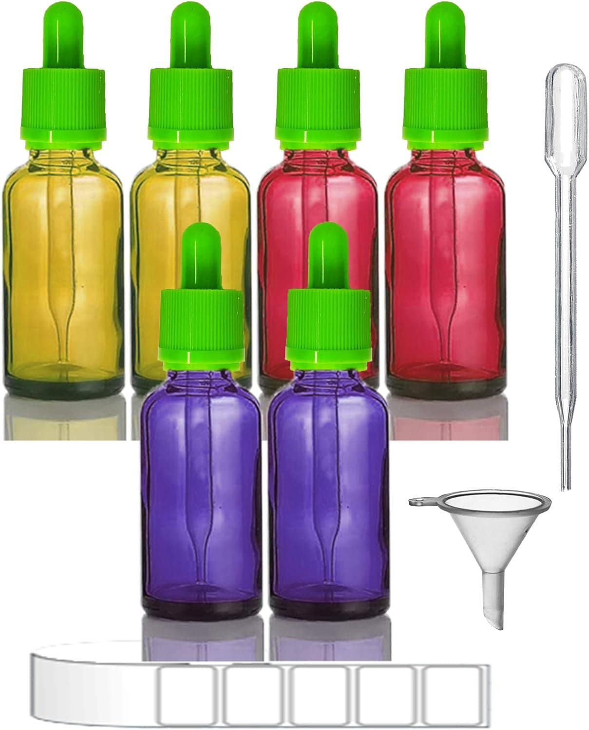DROPPER BOTTLE COLORFUL(Pack of 6) 1oz /30ml- 2pcs YELLOW, 2pcs RED, and 2pcs PURPLE glass bottles with Green Squeeze Drop Cap.Include 1pc plastic funnel, 1pc dropper pipette, 6pcs label stickers.