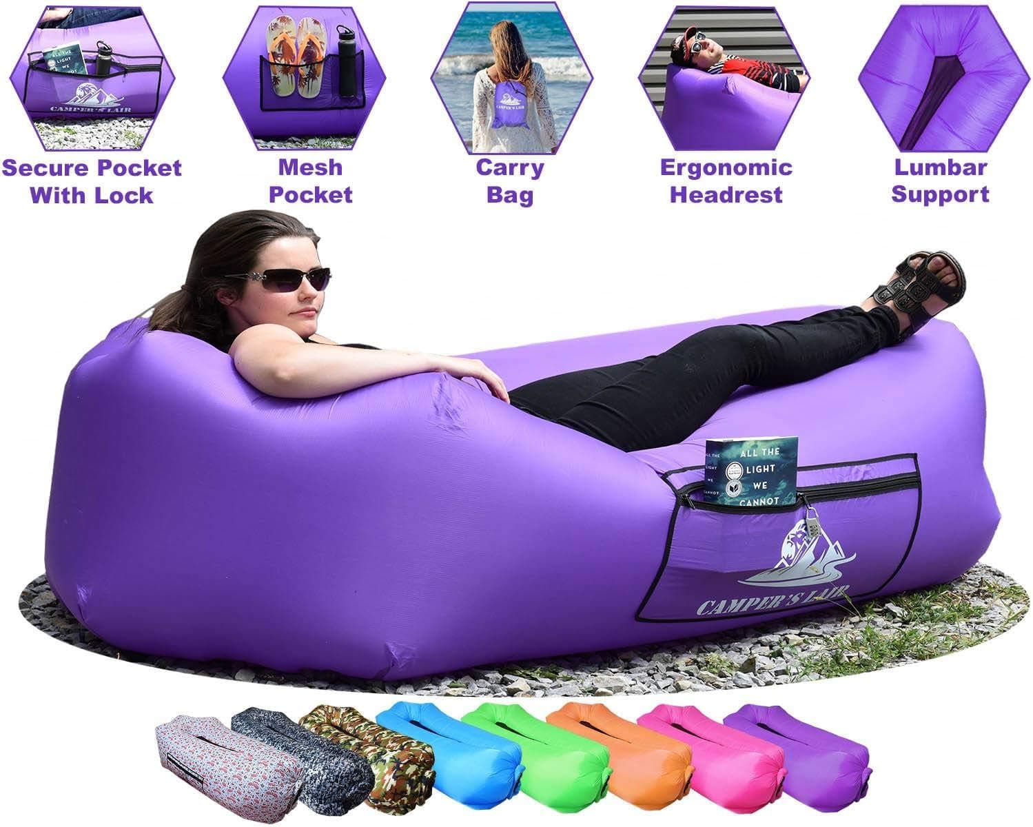 CAMPERS LAIR 2020 Upgraded Inflatable Air Lounger: Neck & Back Support & Huge Pockets. Wide, Comfortable & Durable Inflatable Lounger. The Air Hammock Inflatable Chair for Camping, Beach/Pool & Picnic