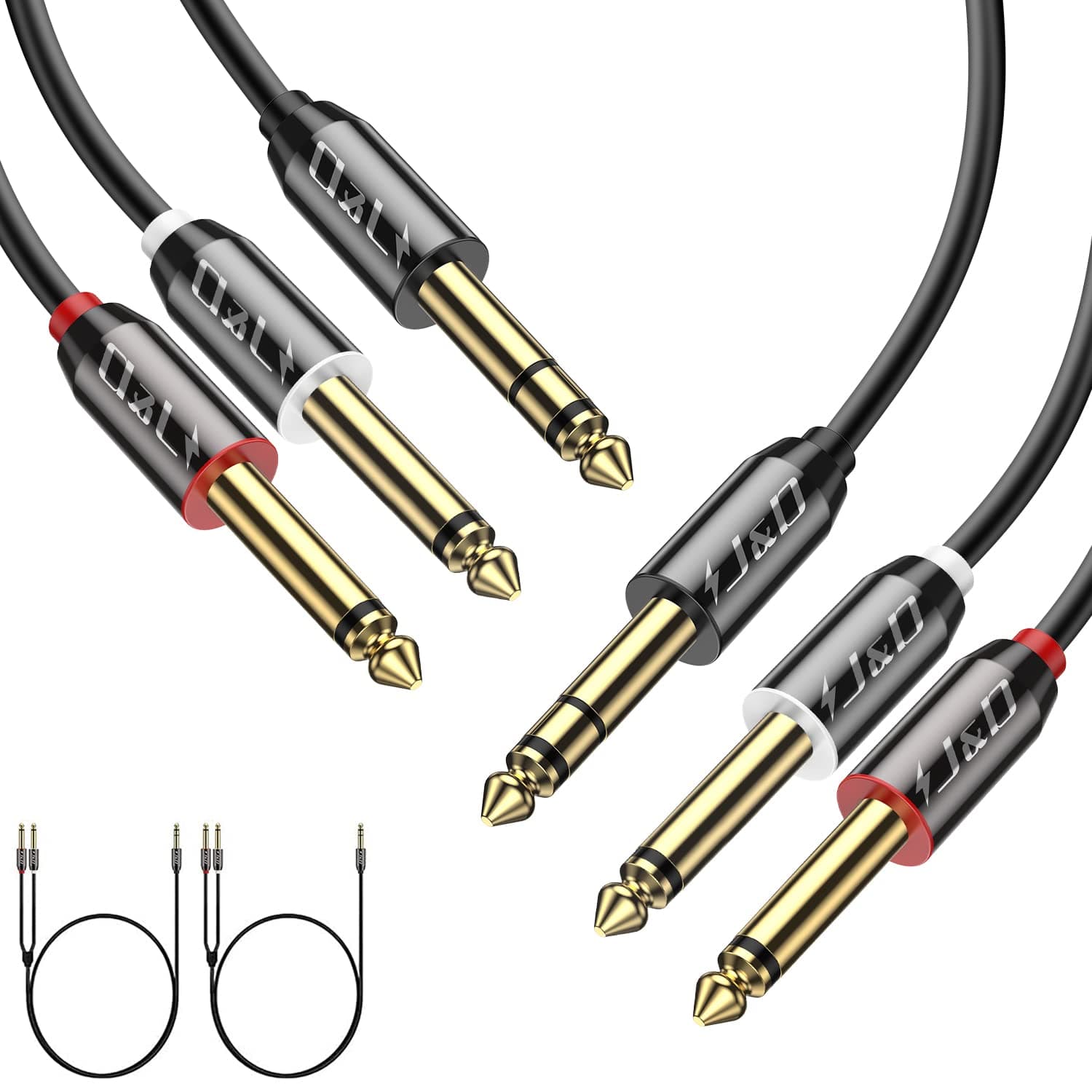 J&D 1/4 inch TRS Stereo Y Splitter Insert Cable, (2 Pack) Gold Plated Copper Shell 6.35mm 1/4 inch TRS Male to Dual 6.35mm 1/4 inch TS Male Mono Breakout Cable, Audio Cord, 15 Feet