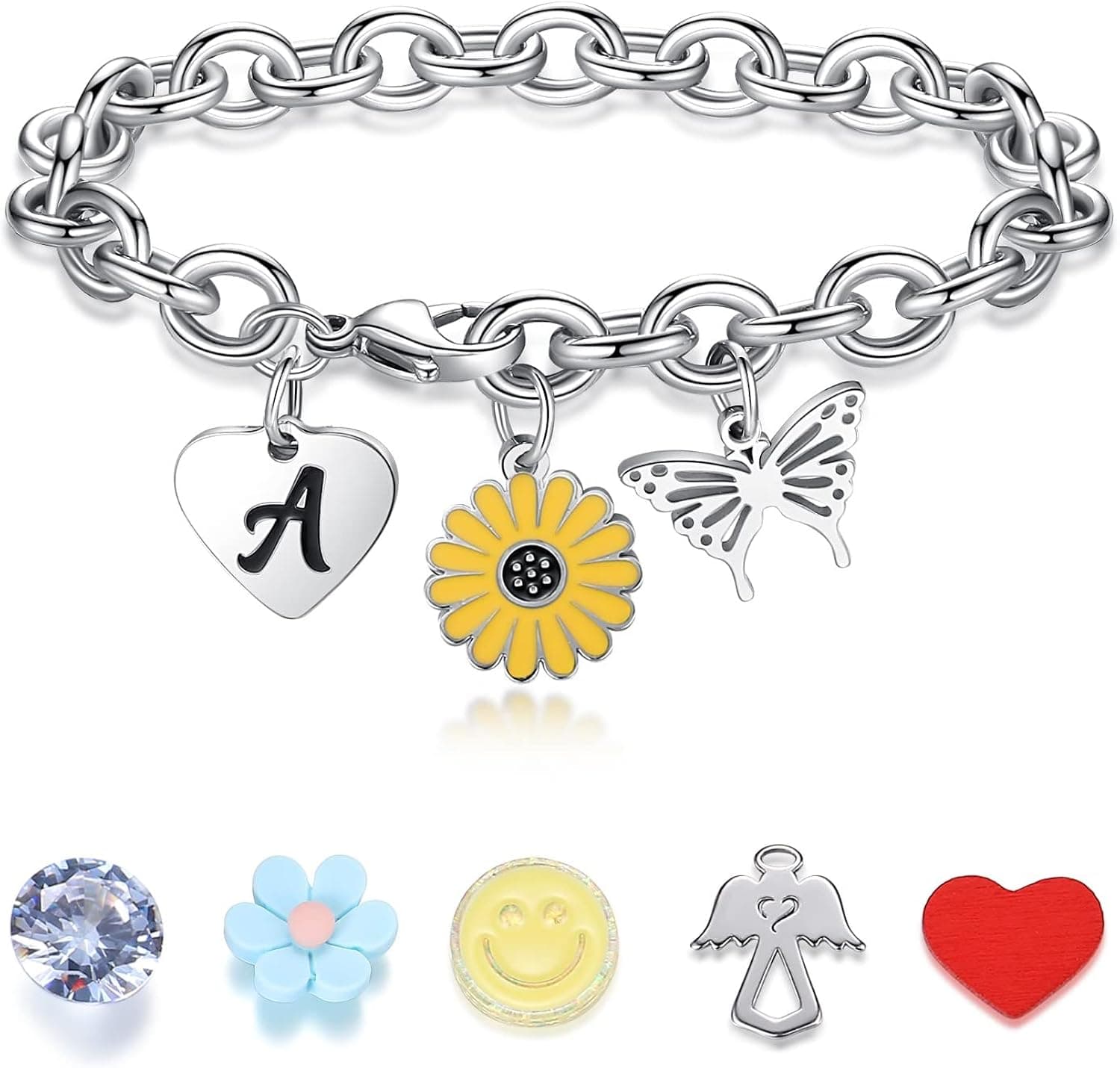 SAM & LORI Cute Initial Bracelets for Girls/Women - Butterfly/Sunflower/Heart Jewelry Gifts (with Small Surprises) for Daughter/Sister/Best Friend/Mom-Adjustable Bracelet in a Pretty Gift Box