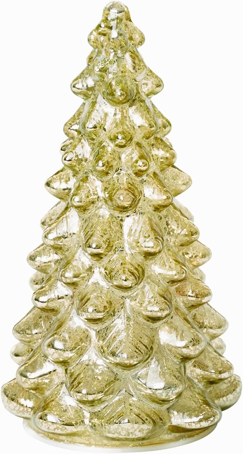 Lighted Glass Christmas Tree Figurine with Timer Mercury Glass Xmas Decoration Battery Operated for Centerpieces Window Tabletop Mantel