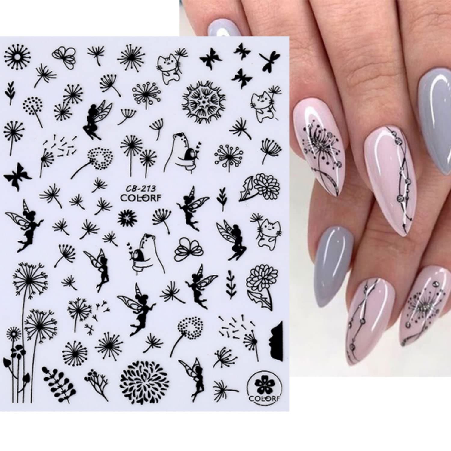 Black Butterfly Nail Stickers Spring Flower Nail Art Decal Nail Decoration Supplies Bee Dandelion Butterfly Angel Flower 2022 New Nail Design Spring Nail 3d Self-adhesive For Acrylic Nail Manicure Tips (black butterfly)