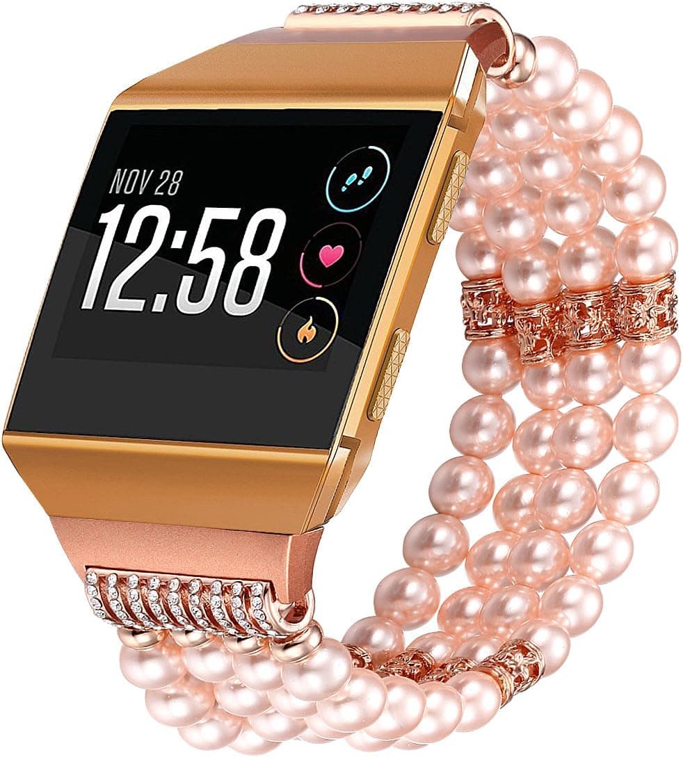 fastgo Compatible for Fitbit Ionic Bands for Women, Pearl Beaded Bling Crystal Elastic Replacement Accessory Strap Wristband Compatible for Fitbit Ionic Smart Watch