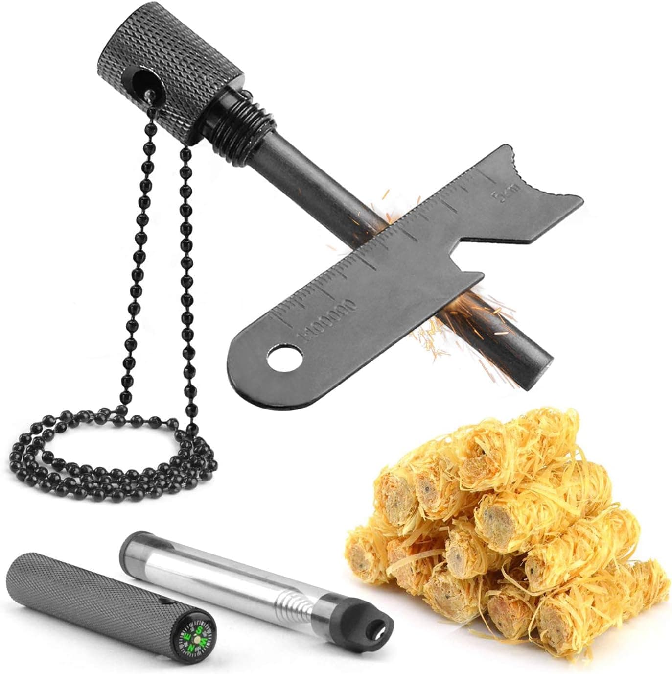 POLIWELL 7-in-1 Fire Starter with Compass Emergency Survival Kits Spark Starting Magnesium Rod Campfire Tool with Charcoal Starters and Fire Blowing Tube Outdoor Gear for Camping Backpacking Hiking