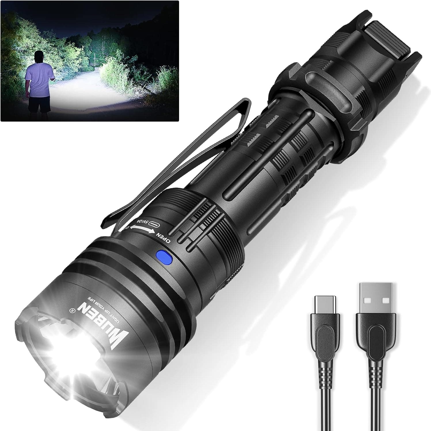 WUBEN T1 Tactical Flashlights 2000 High Lumens, Rechargeable Flashlight 498 Meters Long Beam Distance, Handheld Flash Light with Tactical Tail Button for Tactical Gear, Suvival, Emergencies, Outdoor