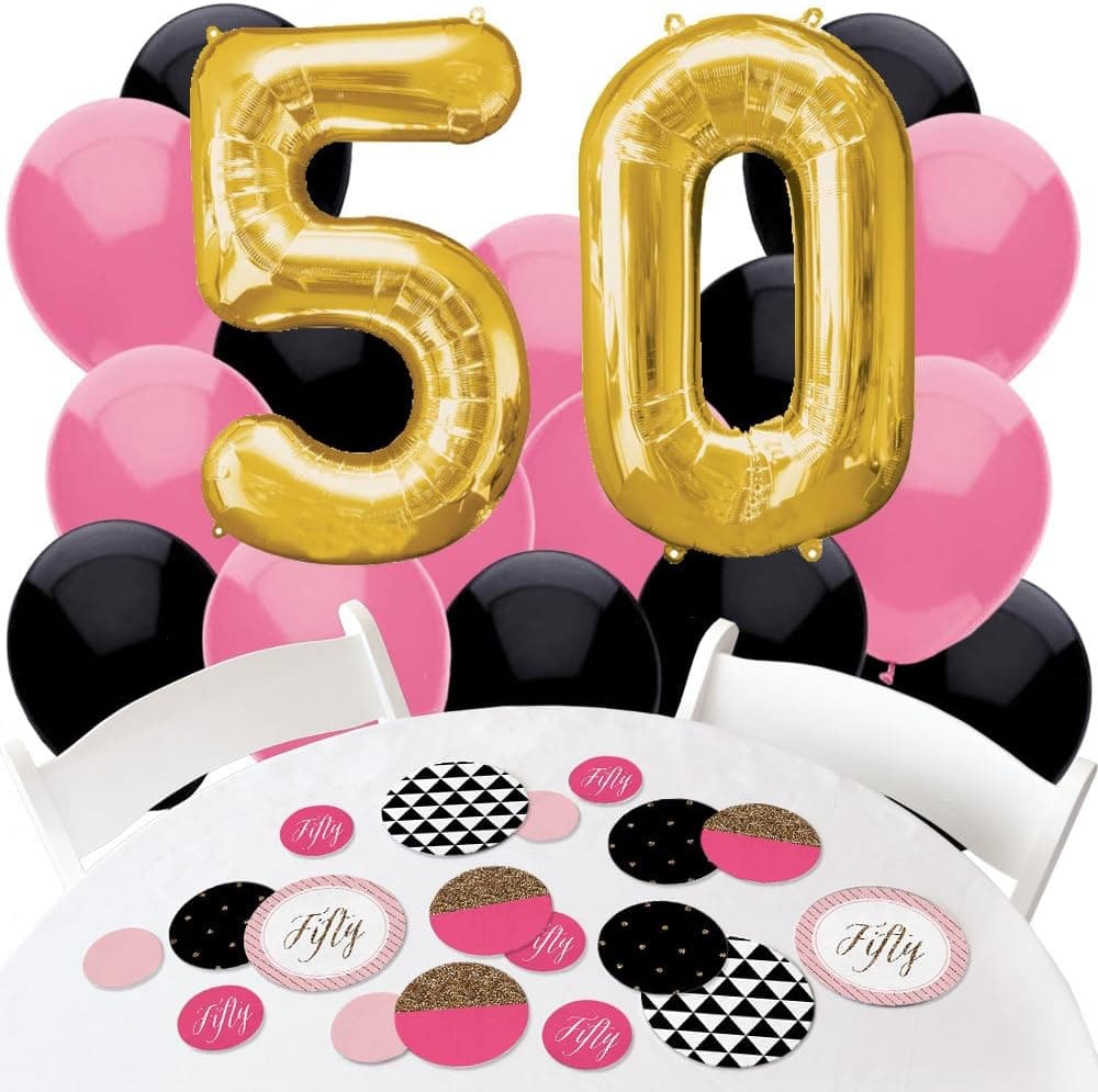 Chic 50th Birthday - Pink, Black and Gold - Confetti and Balloon Birthday Party Decorations - Combo Kit