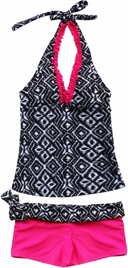 FEESHOW Kids Girls 2 Piece Tankini Swimsuit Bathing Suit Halter Top with Boyshort Swimwear Set