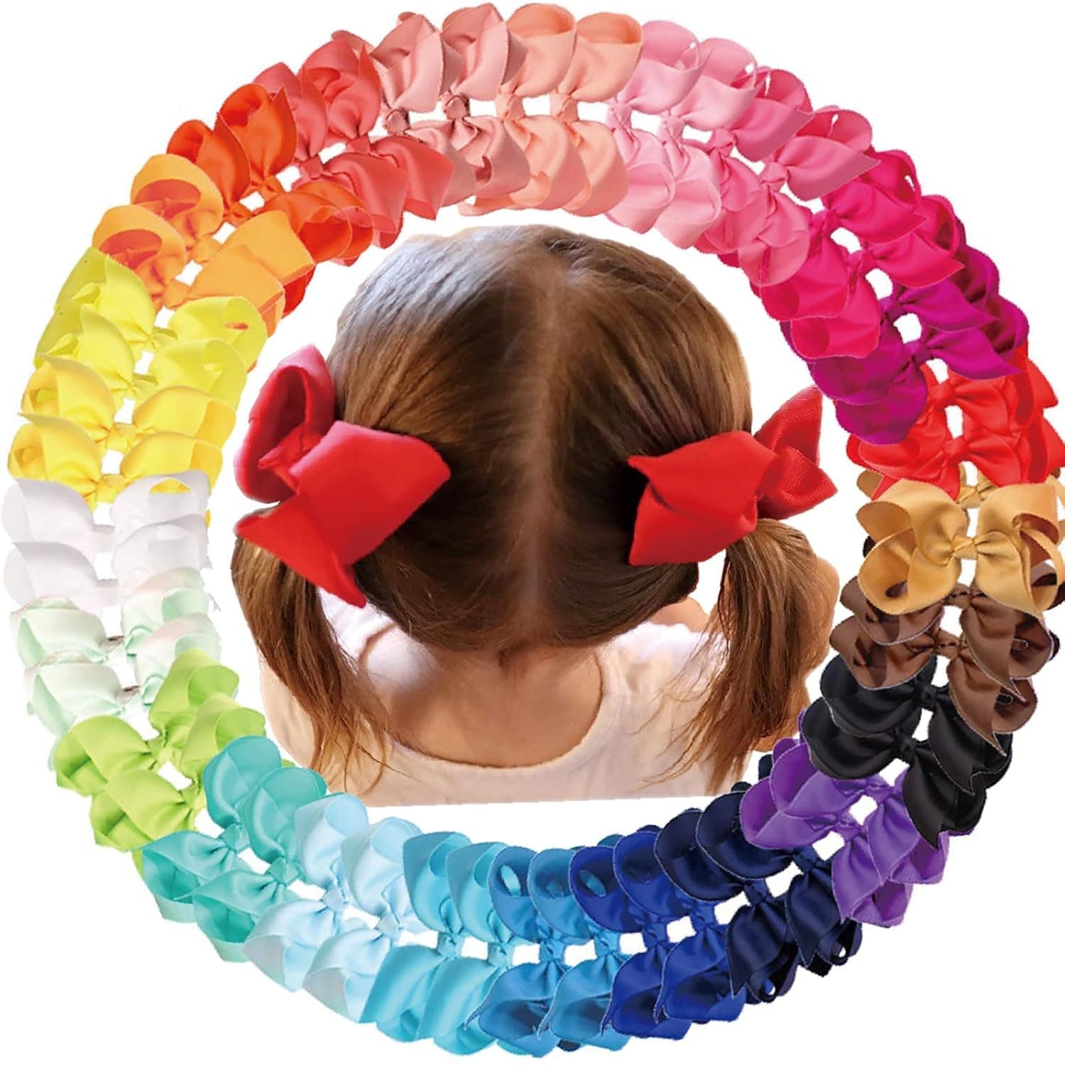 50PCS 4.5 inch Hair Bows for Girls Hair Accessories Grosgrain Ribbon Boutique Pigtail Bows Alligator Clips for Girls Toddlers Kids Teens 25 Colors in Pairs