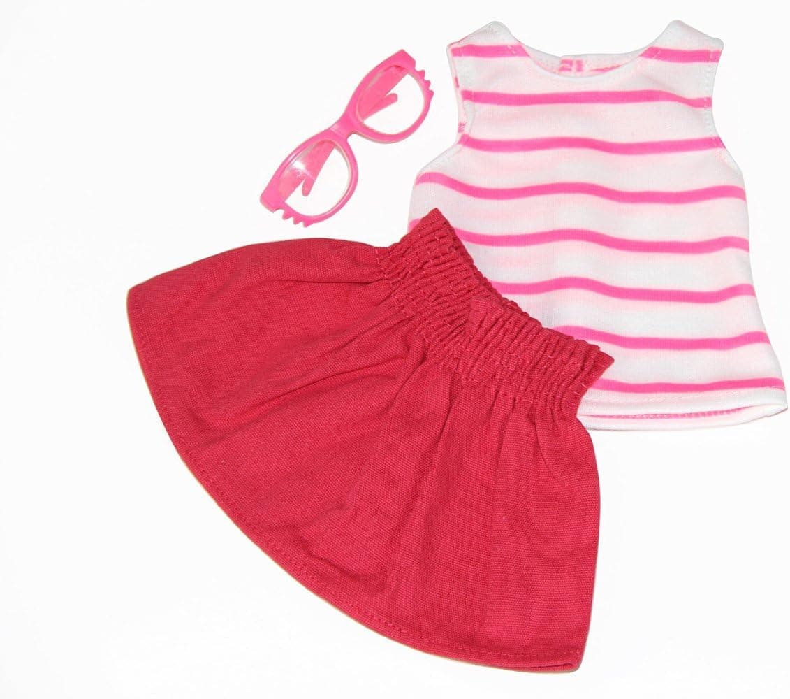 3 pc Colorful Outfit Set. Includes: Tank Top, Skirt and Glasses Color: Pink. Fits 18 Inch Doll Clothes