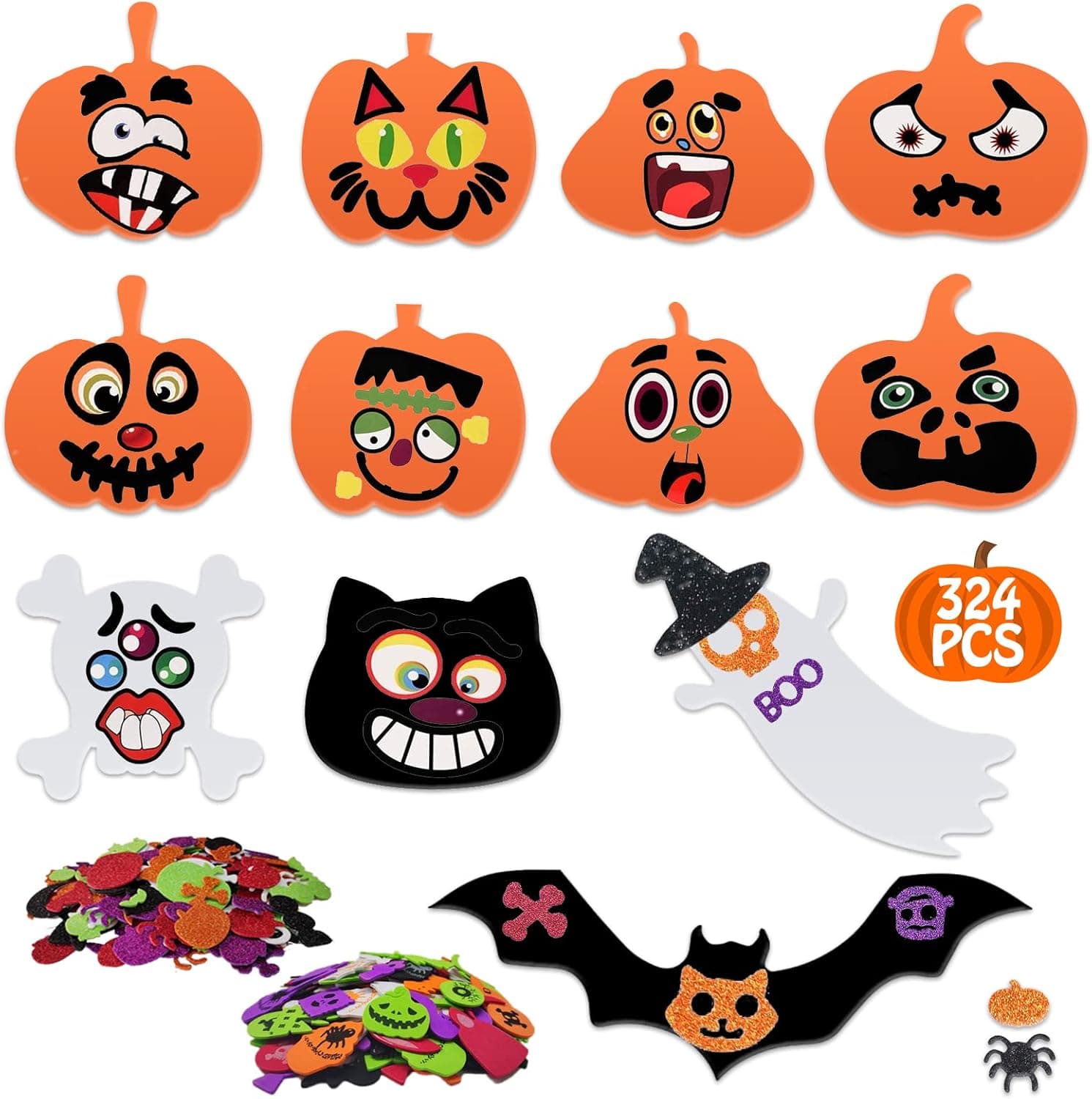 324 PCS Halloween Foam Pumpkin Craft Kit Pumpkin Face Stickers Self-Adhesive Glitter Foam Stickers DIY Halloween Craft for Kids Party Decorations