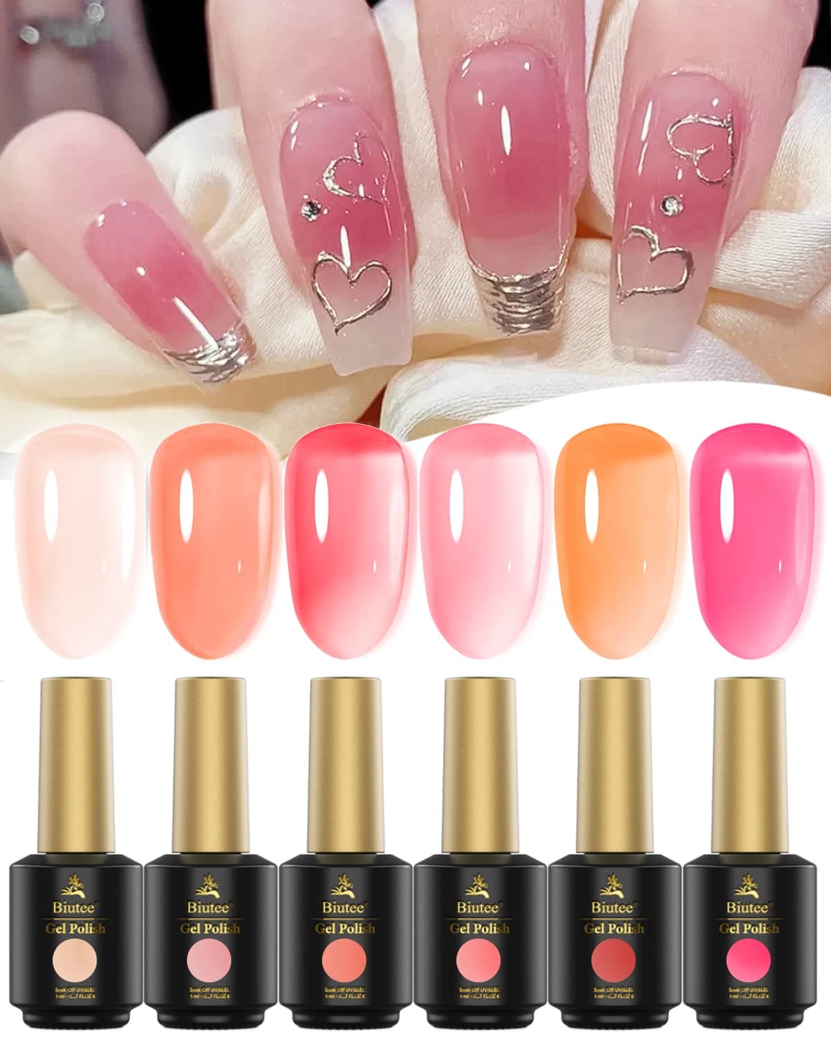 Biutee Jelly Gel Nail Polish Jelly Nude Pink Gel Polish Set 6 Colors Translucent Sheer Pink Transparent Gel Nail Polish Vishine Nude Gel Polish Kit UV LED Soak Off Varnish for Nail Art Salon Home DIY