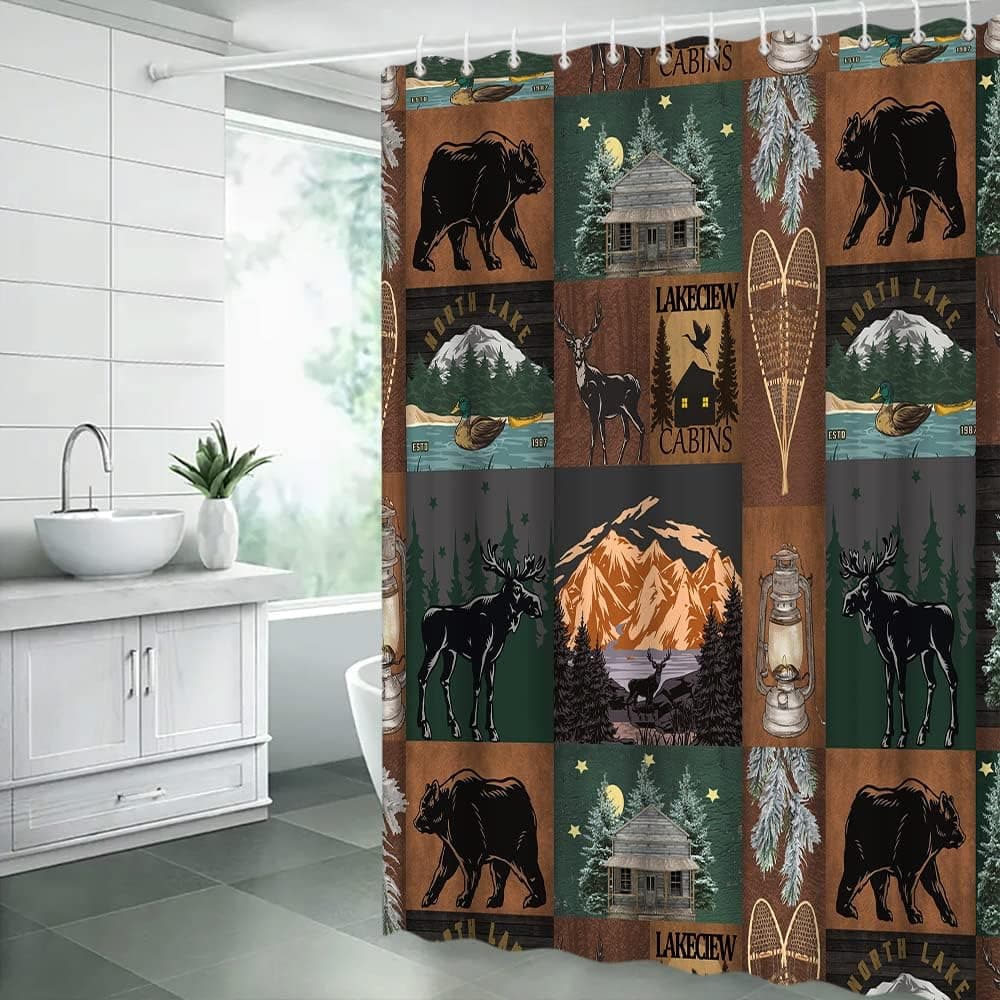 NYDSZNE Cabin Bear Shower Curtain Black Wild Animal Lodge Bear Deer Moose Pine Forest Brown Rustic Farmhouse Hunting Camping Retro Country Outdoor Bathroom Decor Fabric Curtain with Hooks