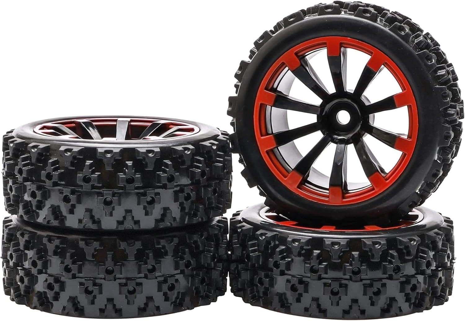 JIUWU 4 x Off-Road Wheels 12MM Hex Tires Crossing Tyre for RC 1:10 Cars (Black & red)