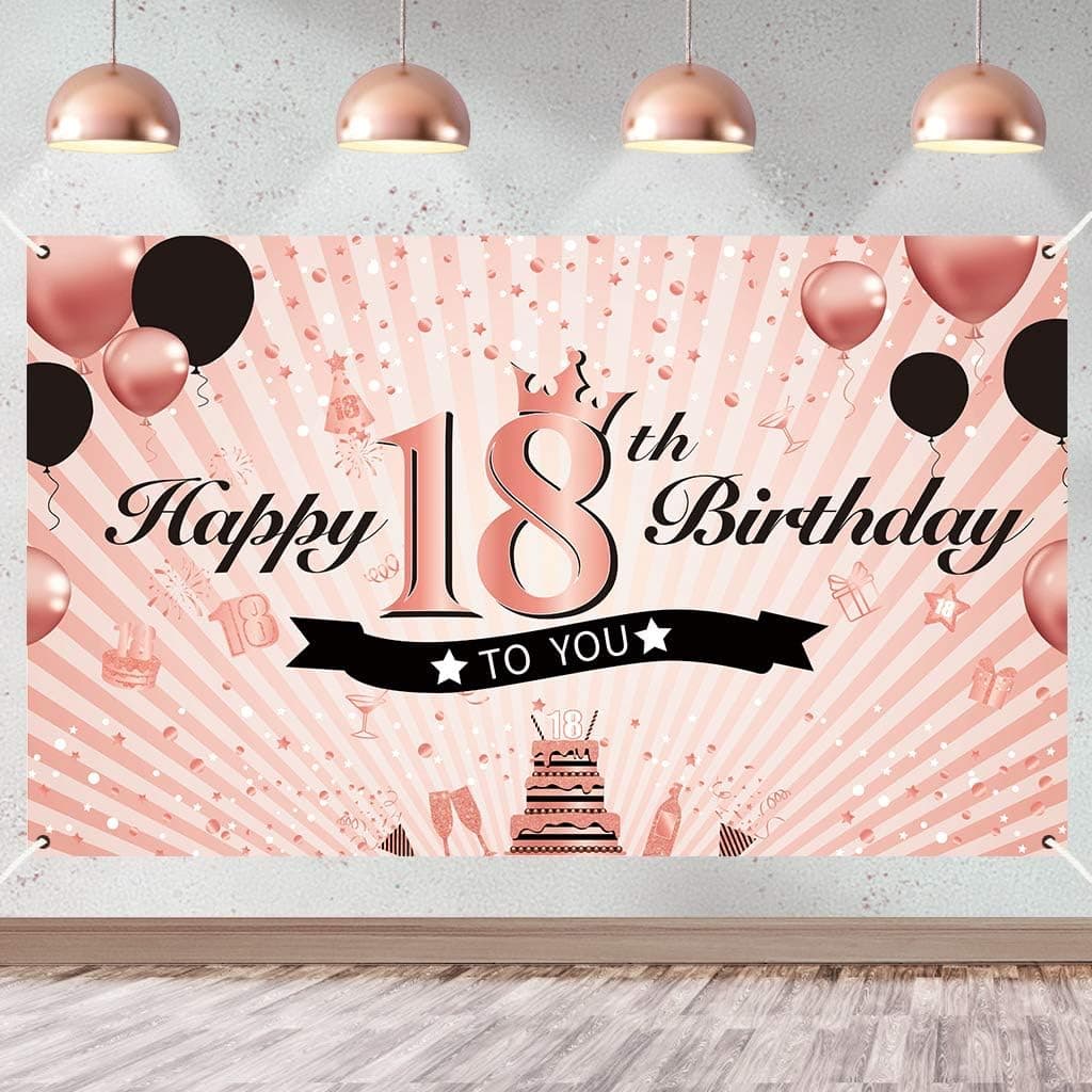 Luxiocio Happy 18th Birthday Banner Decorations for Girls, Rose Gold 18th Birthday Backdrop Supplies, 18 Year Old Birthday Party Poster Background for Indoor Outdoor