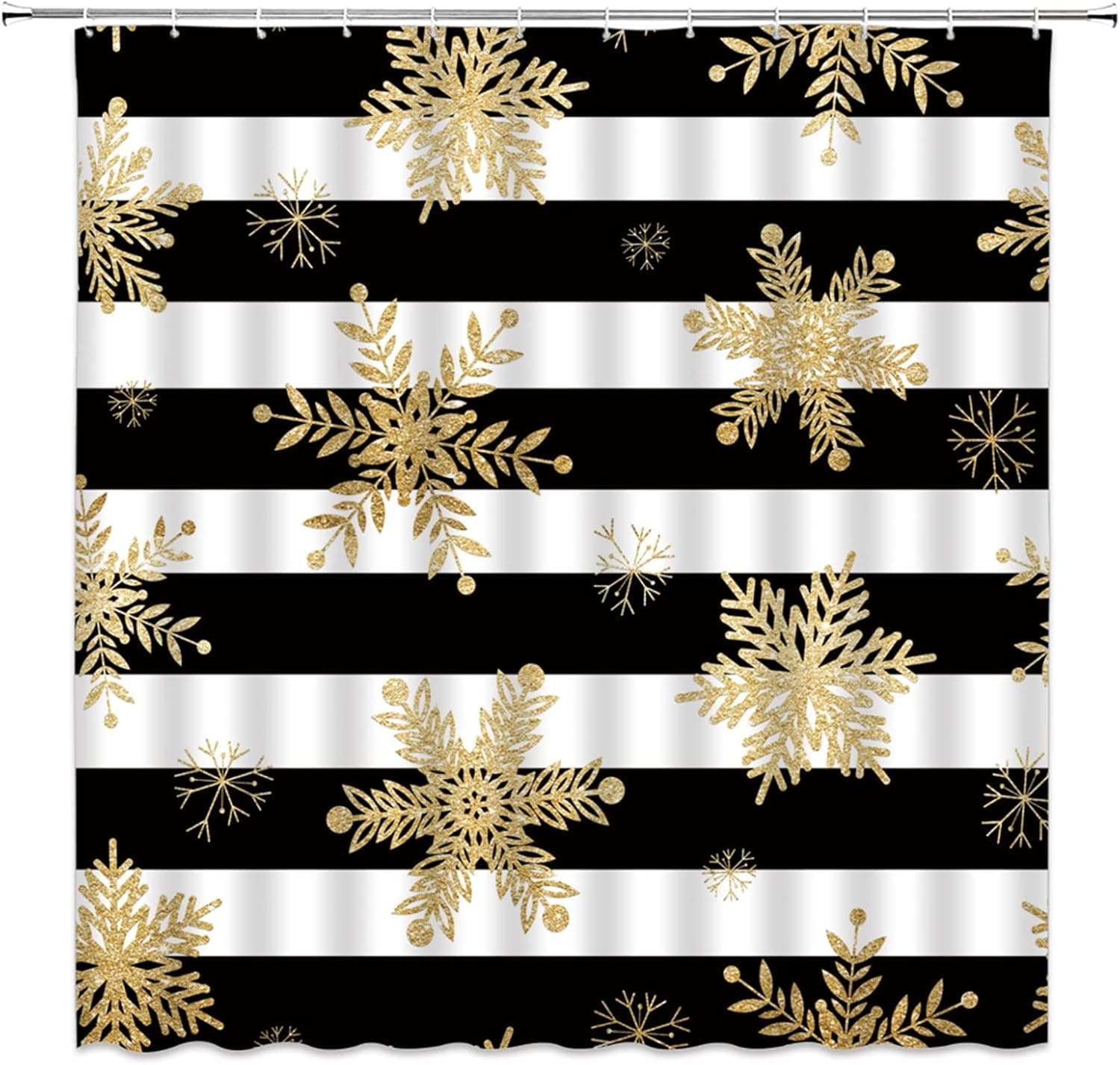Snowflake Shower Curtain Black White Stripe Snowflake Creative Winter Holiday Season Festival Modern Art Merry Christmas Fabric Curtain Sets with Hooks,Gold Black White