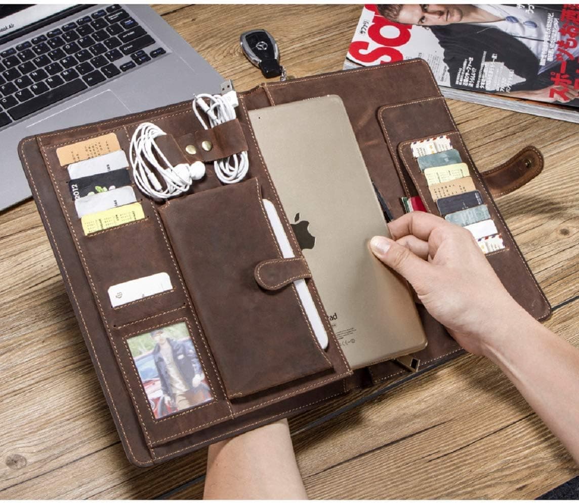 Handmade Vintage Leather Padfolio Portfolio Multifunctional Retro Crazy Horse Leather IPAD 10.5 Inch Protective Folio Case, Coffee