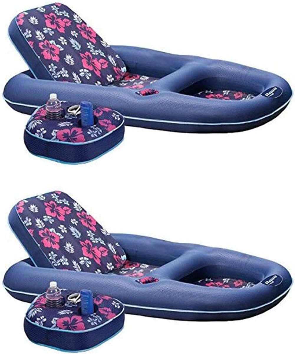 Aqua Leisure Campania Ultimate Convertible 2 in 1 Outdoor Swimming Pool Float Lounger Recliner and Drink Caddy, Navy Hibiscus (2 Pack)