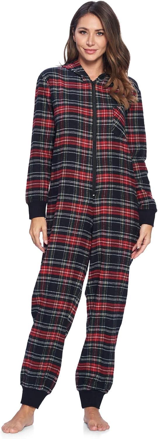 Ashford & Brooks Women's Flannel Hooded One Piece Pajama Union Jumpsuit