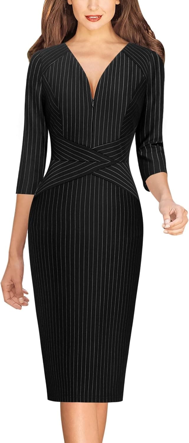 VFSHOW Womens V Neck Front Zipper Work Business Office Cocktail Bodycon Pencil Dress