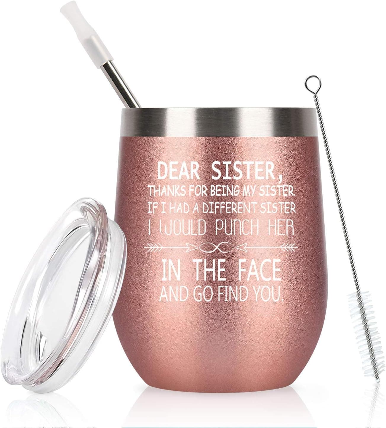 Sister Gifts for Women, Dear Sister Thanks for Being My Sister Wine Tumbler, Christmas Birthday Gifts for Sisters Sister in Law from Sister, 12 Oz Stainless Steel Insulated Tumbler with Lid, Rose Gold