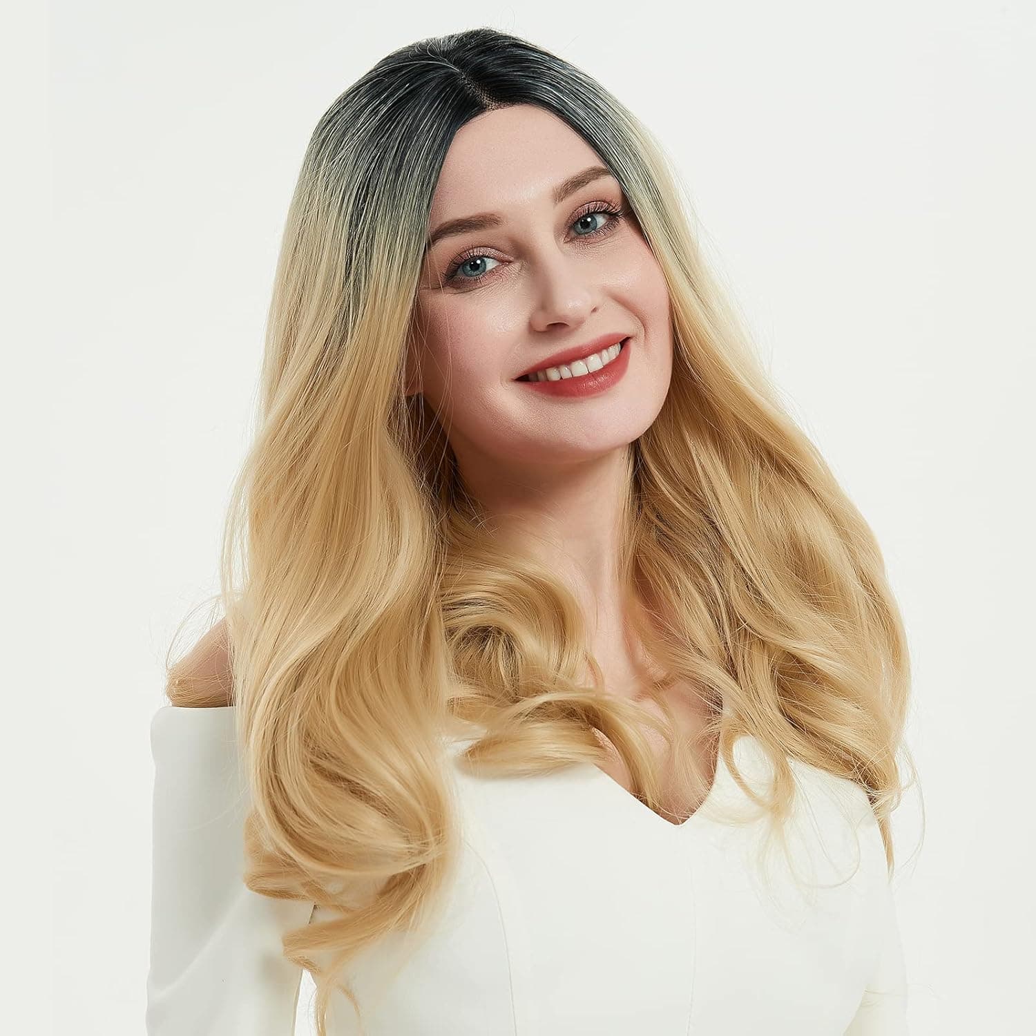 Azoomore Blonde Hair Wig for Women 26 inch, 13x4 Lace Front Natural Curly Hair Wigs for White Women (26inch, Blonde w/Black root)