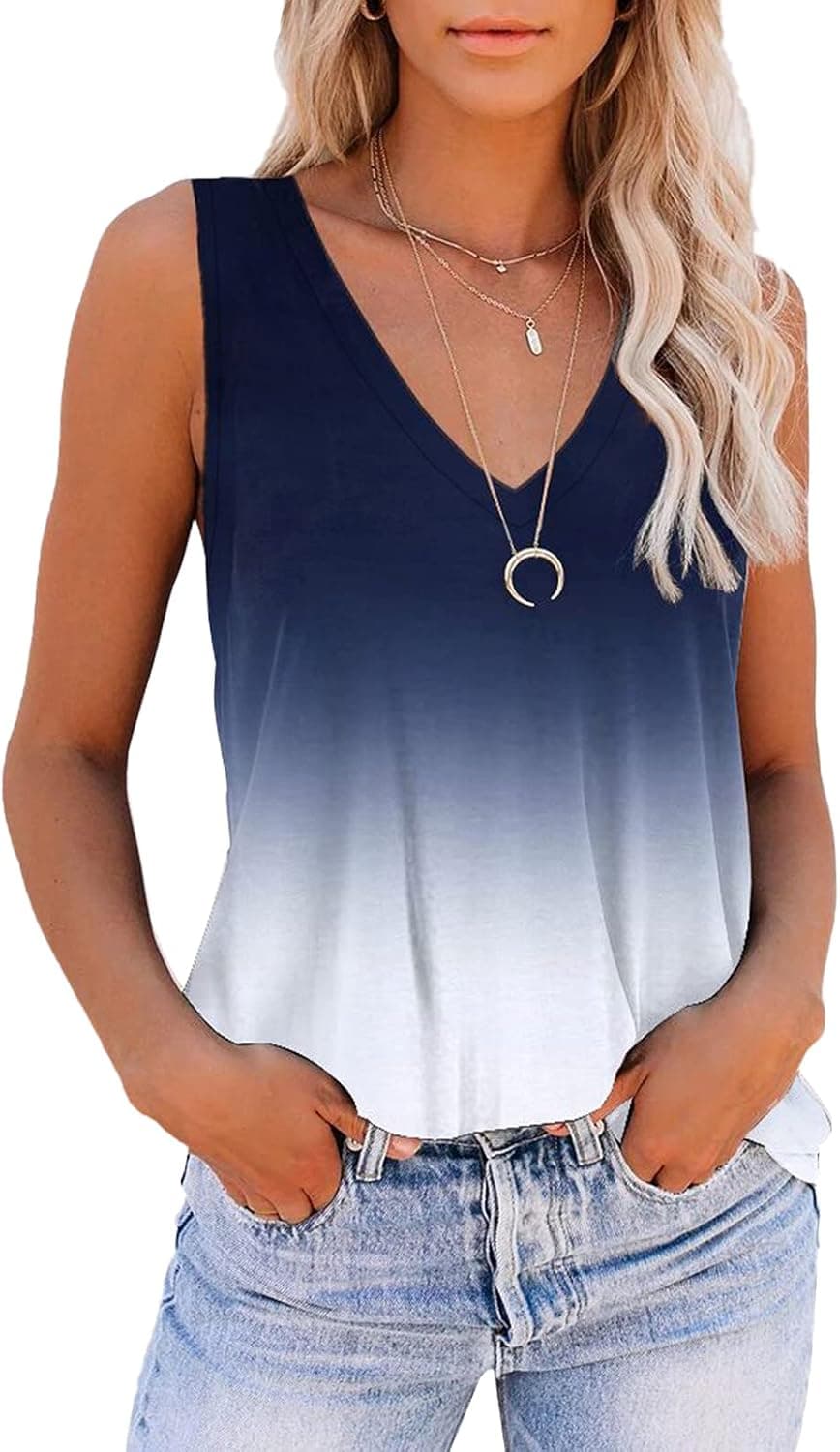 ETCYY NEW Womens V Neck Tank Tops Tie Dye Sleeveless Basic Tops Shirt Cute Printed Loose Fit