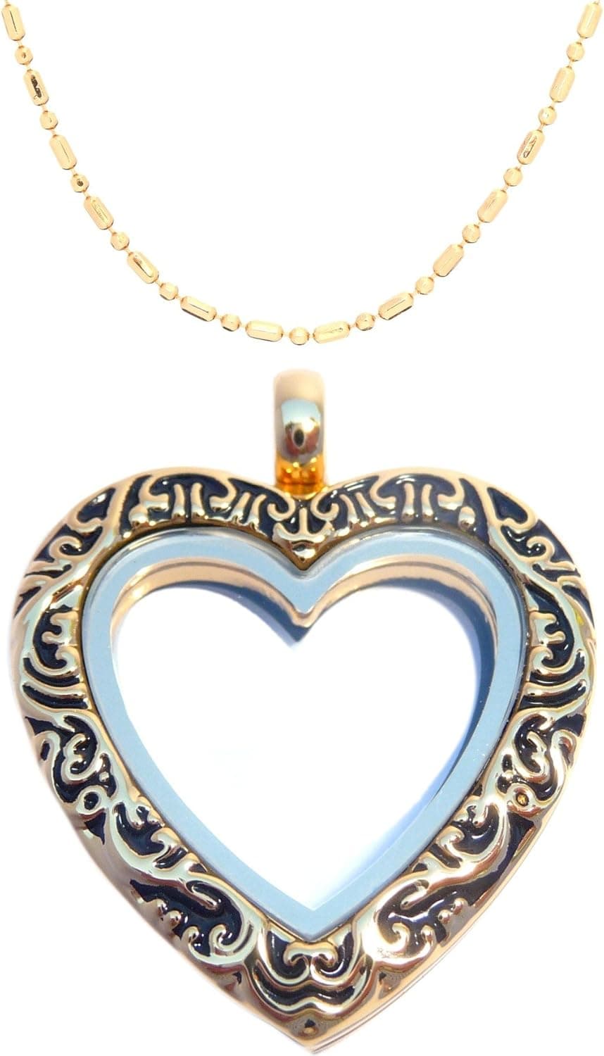 Gold Vintage Heart Floating Locket with Bamboo Chain