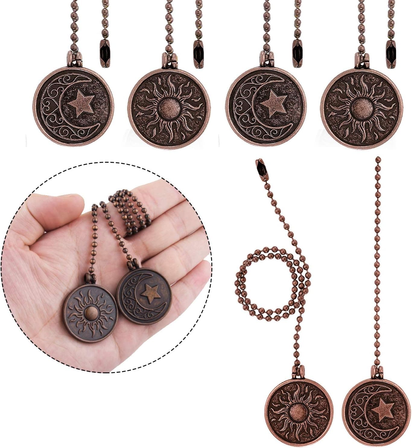 4 Pieces Bronze Ceiling Fan Pull Chain Set,Sun and Moon Pattern Pull Chain Extension Light Lamp Fan Pull Chain Pendant 13 Inch Ceiling Fan Chain Extender with Ball Fan Chain Connector
