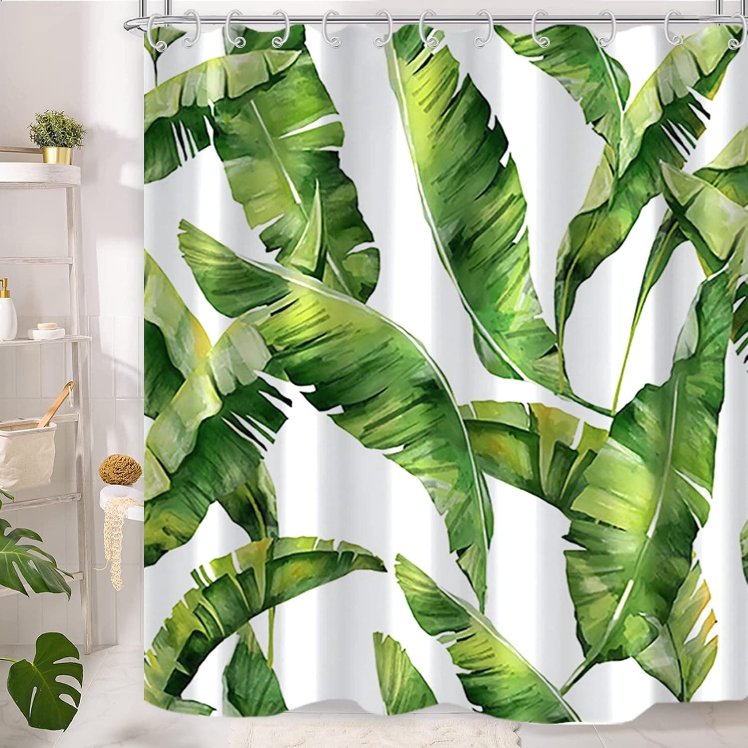 Bovlleetd Banana Leaves Shower Curtain Green Plants Banana Palm Leaves Bathtub Curtains Tropical Rainforest Botanic Leaves Shower Curtain for Bathroom Decor Waterproof with Hooks 60x72inches