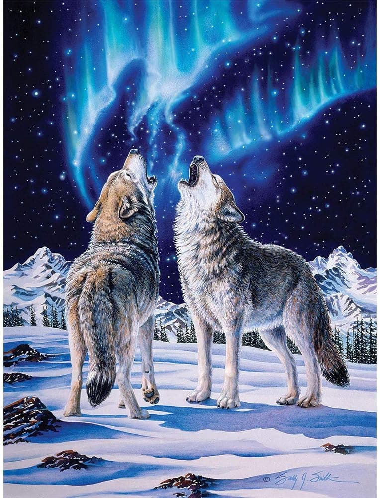 Bits and Pieces - 300 Piece Jigsaw Puzzle for Adults 18" x 24" - Lifemates - 300 pc Howling Wolves Winter Northern Lights Jigsaw by Artist Sally J. Smith