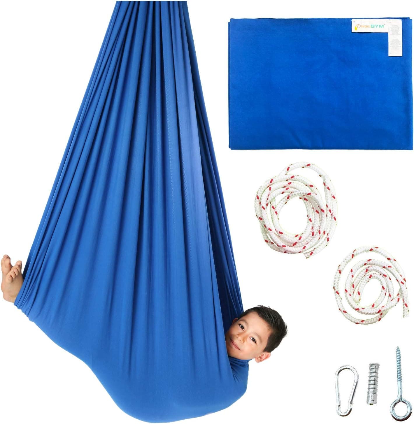 DreamGYM Sensory Swing - X-Large Therapy Swing - 95% Cotton - Blue Compression Swing for Autism, SPD, Anxiety - Hardware Included