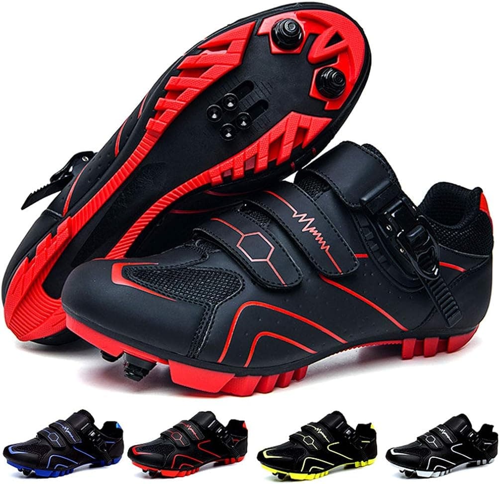 Mountain Bike Shoes Men's Cushioning Cycling Shoes,Breathable Mesh Cycling Shoe Compatible with SPD Cleats,Microtex MTB Shoes for Men-2 Bolt Black/Red