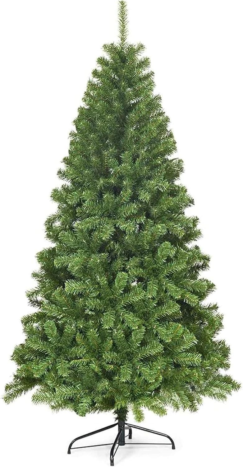 6 ft Christmas Tree, Full Fir Artificial Christmas Tree, Hinged Unlit Xmas Trees with 600 PVC Branch Tips, Metal Stand, Foldable Base, Fake Christmas Tree for Indoor Home Office Party Decoration