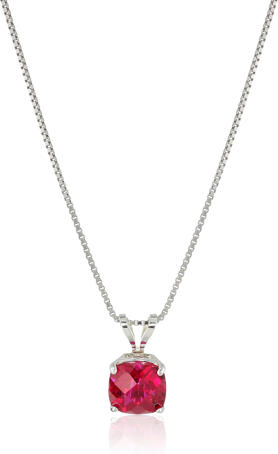 Amazon Collection 925 Sterling Silver 6mm Cushion Cut July Birthstone Created Ruby Solitaire Pendant Necklace for Women with 18 inch Box Chain