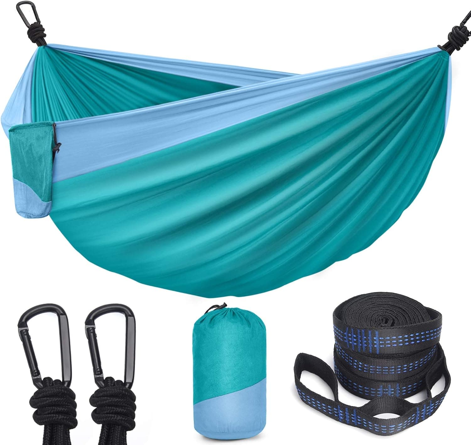 Hinastar Camping Hammock for Outside, Double&Single Portable Hammock with 2 Tree Straps, Parachute Lightweight Nylon Hammocks for Outdoor, Backpacking, Travel, Camping, Hiking(Cyan&Light Blue)
