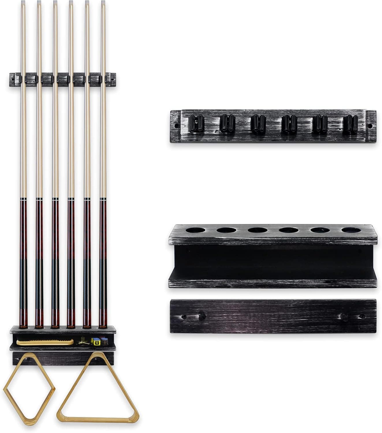 Giassvio Pool Stick Holder Wall Mount - Pool Cue Rack for 6 Pool Sticks and Billiards Accessories, Solid Wood Cue Stick Holder, Brushed Black, Rustic Style