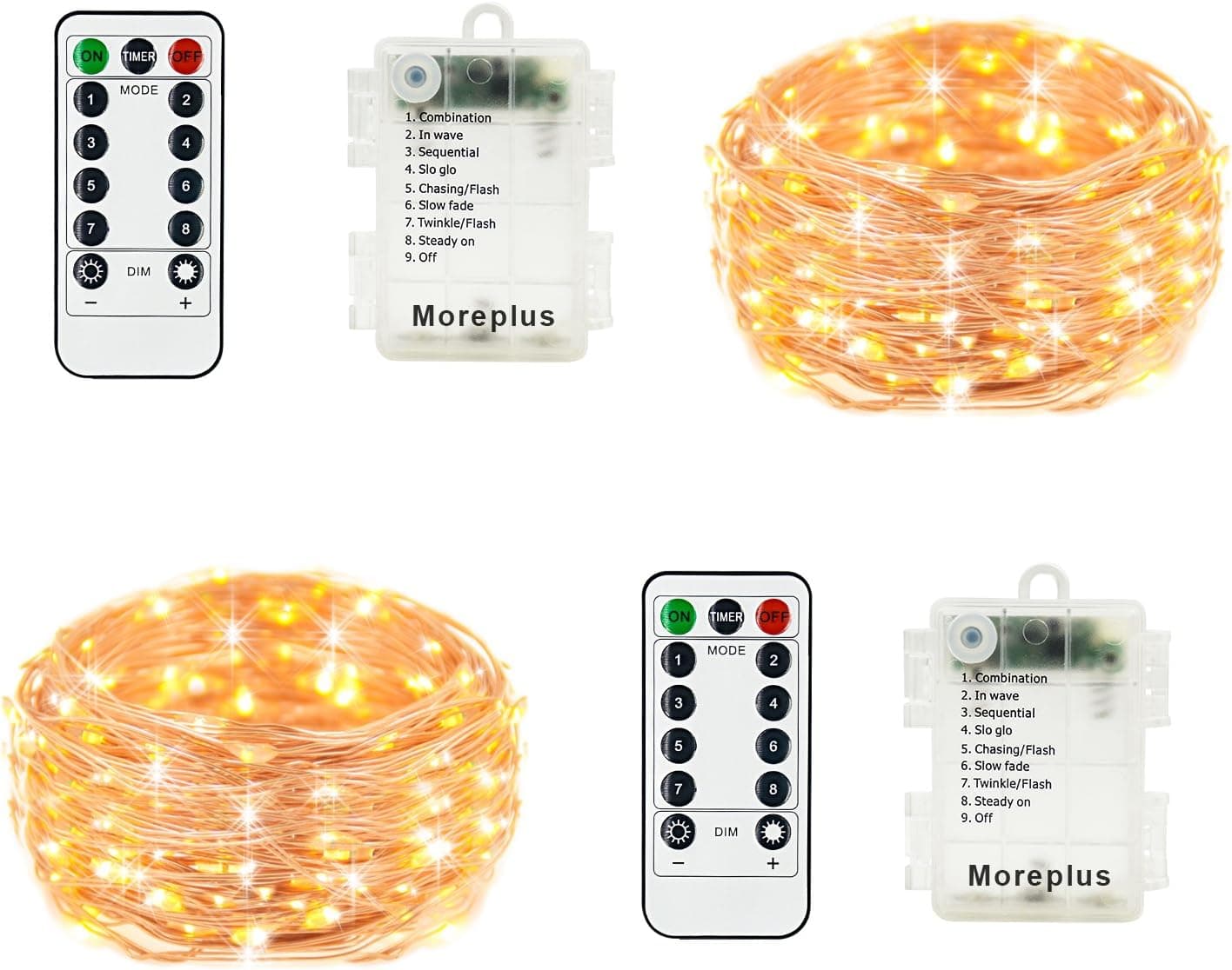 Moreplus 2 Pack Battery Operated Fairy String Lights Waterproof 8 Modes 16.5ft 50 LED Copper Wire Decorative Lights with Remote for Outdoor Indoor Bedroom Wedding Christmas (Warm White)