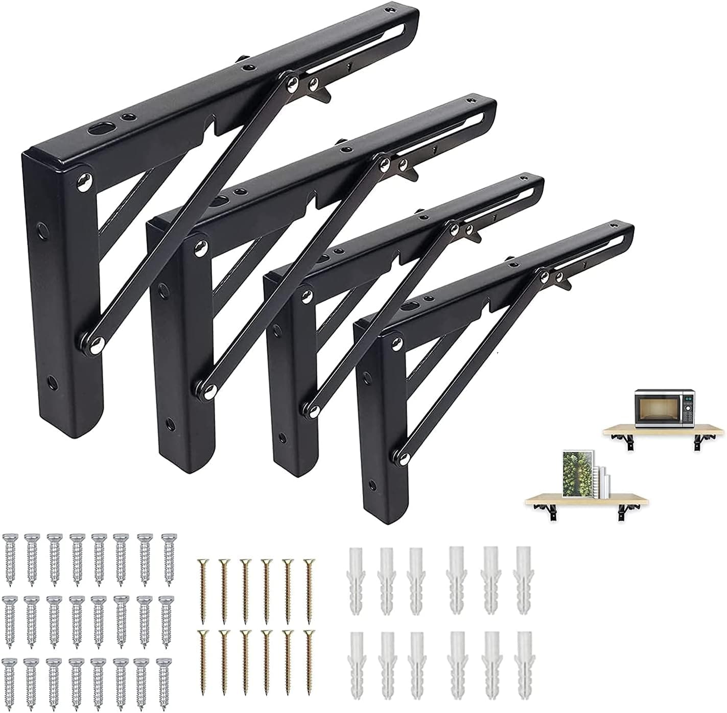 Folding Shelf Brackets, Heavy Duty Stainless Steel Black Metal Triangle Table Bench Folding Shelf Brackets 12 Inch, 4 Pack Folding Shelf Hinge Wall Mounted, Space Saving DIY Bracket, Max Load 150LB