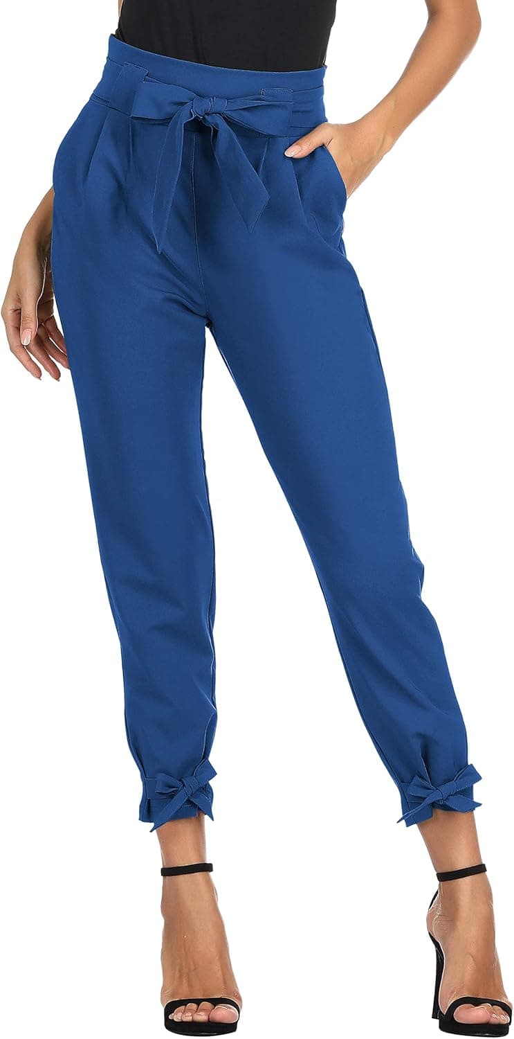 LIUMILAC Women Casual Cropped Pants Solid High Waist Dressy Pants with Pockets Bow-Knot