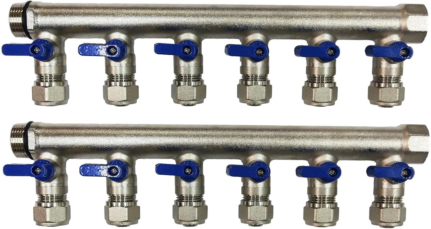12 Loop Plumbing Manifold w/ 1" trunk & 1/2" pex ball valves, blue handle