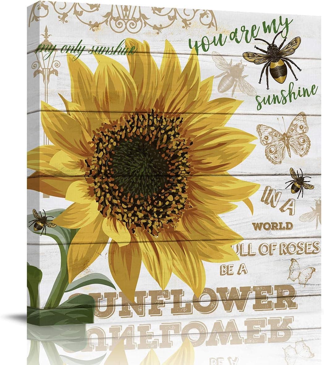 Canvas Wall Art Framed Wall Decor for Bathroom Sunflower You are My Sunshine My Only Sunshine Bumblebee Butterfly on Wooden Board Canvas PicturesWall Decor Artwork Art for Living Room16x16 inch