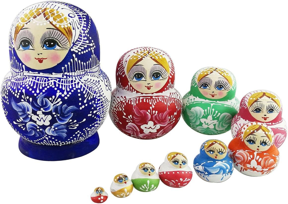 Set of 10 Pieces Cute Colorful Blue Porcelain Pattern Big Belly Shape Handmade Wooden Russian Nesting Dolls Matryoshka Dolls for Kids Toy Birthday Home Decoration