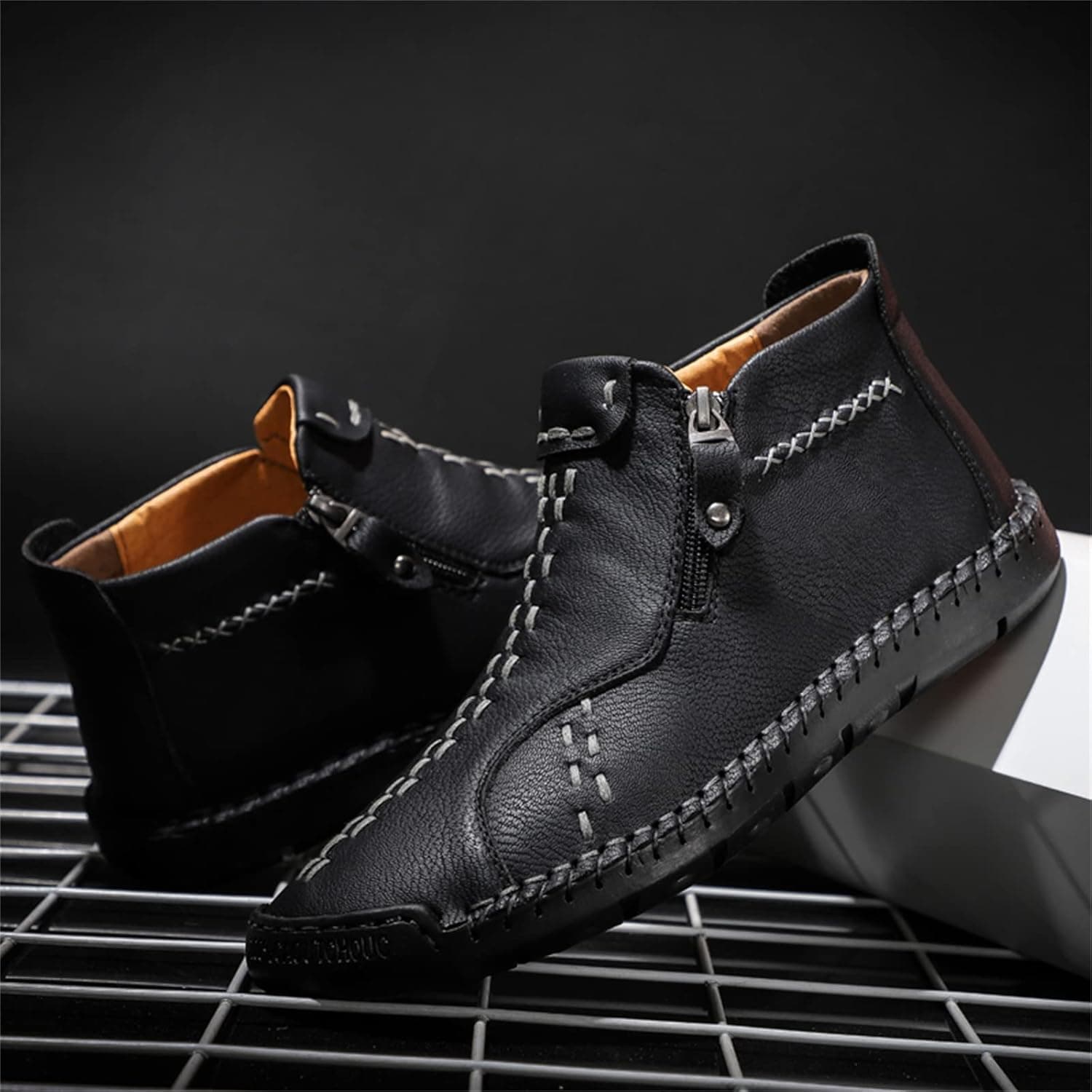 Govicta Men's Boots Hand Stitching Slip on Casual Shoes Loafers Fashionable Leather Ankle Chukka Boots for Men