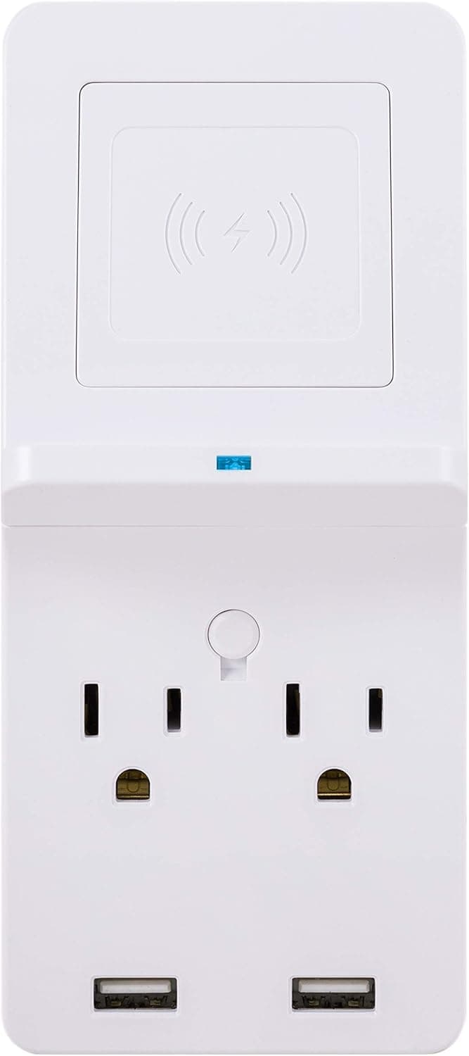 GE UltraPro Surge Protector with Wireless Charging Shelf, Qi Pad, 2-Outlet Extender, 2 USB Ports, 560 Joules, UL Listed, White, 43645